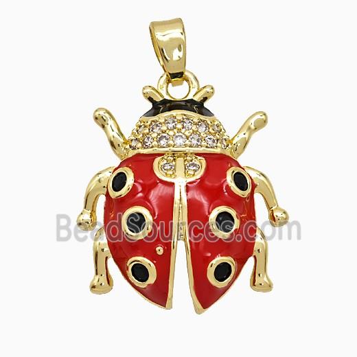 Copper Ladybug Pendant Pave Zirconia Red Enamel Gold Plated