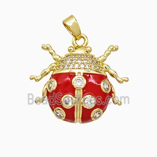Copper Ladybug Pendant Pave Zirconia Red Enamel Gold Plated