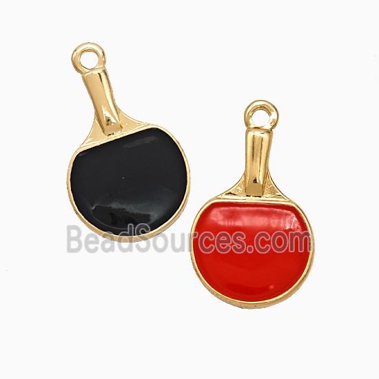 Table Tennis Racket Charms Copper Pendant Black Red Enamel Sports Gold Plated