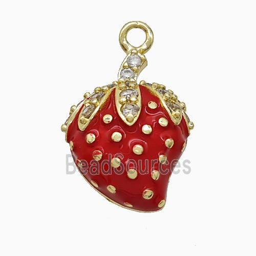 Copper Strawberry Pendant Pave Zirconia Red Enamel Gold Plated