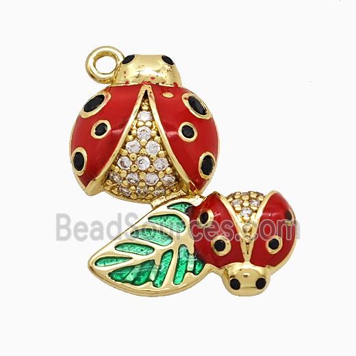 Copper Ladybug Pendant Pave Zirconia Red Enamel Gold Plated