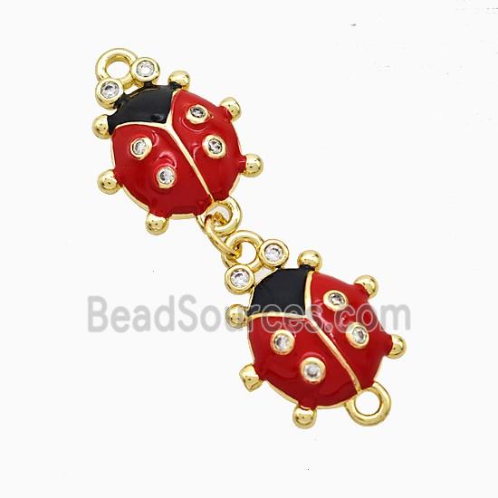 Copper Ladybug Connector Pave Zirconia Red Enamel Gold Plated