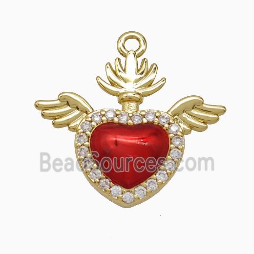 Copper Heart Angel Wings Pendant Pave Zirconia Red Painted Gold Plated