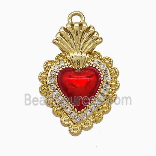 Copper Heart Pendant Pave Zirconia Red Painted Gold Plated
