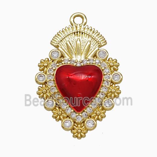 Copper Heart Pendant Pave Zirconia Red Painted Gold Plated