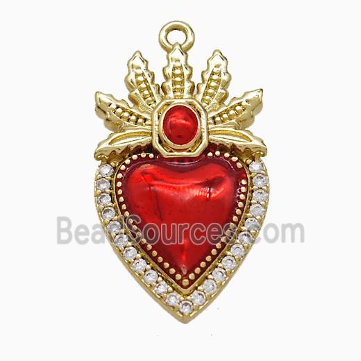 Copper Heart Pendant Pave Zirconia Red Painted Gold Plated