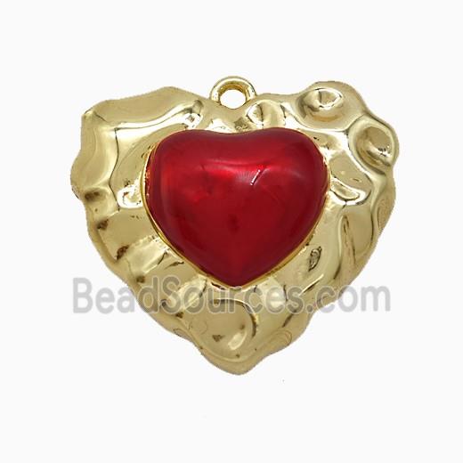 Copper Heart Pendant Red Painted Hammered Gold Plated