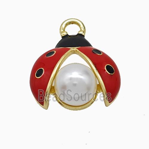 Copper Ladybug Pendant Pave Pearlized Resin Red Enamel Gold Plated