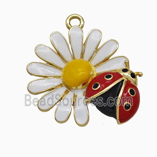 Copper Ladybug Flower Pendant White Red Enamel Gold Plated
