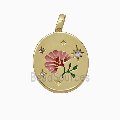 Copper Flower Pendant Pave Zirconia Enamel Gold Plated