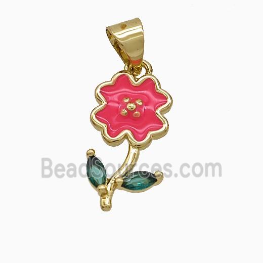 Copper Flower Pendant Red Enamel Gold Plated