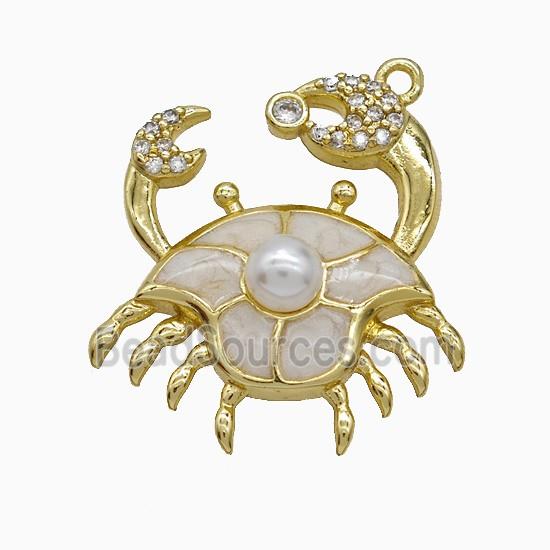 Copper Crab Pendant Pave Zirconia White Enamel Gold Plated
