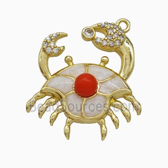 Copper Crab Pendant Pave Zirconia White Enamel Gold Plated
