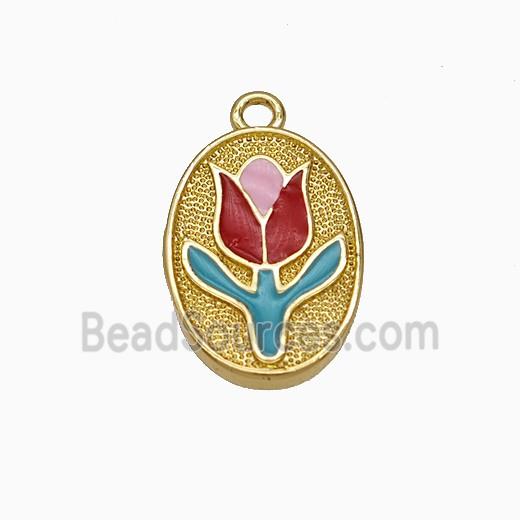 Copper Tulip Pendant Multicolor Enamel Flower Oval Gold Plated