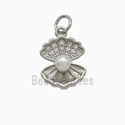 Copper Scallop Shell Pendant Pave Zirconia Pearlized Resin Platinum Plated