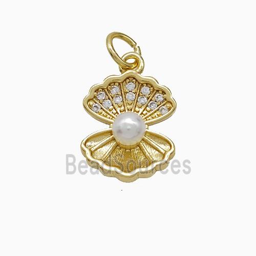 Copper Scallop Shell Pendant Pave Zirconia Pearlized Resin Gold Plated