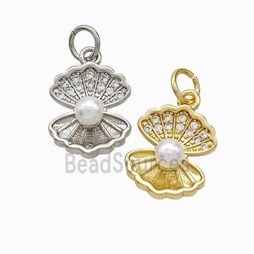 Copper Scallop Shell Pendant Pave Zirconia Pearlized Resin Mixed