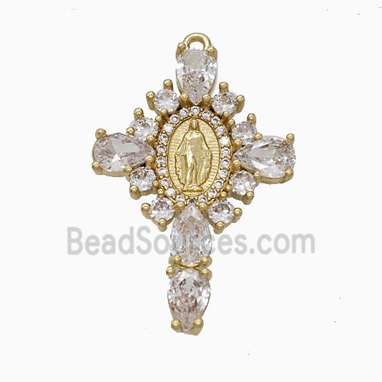 Copper Cross Pendant Pave Crystal Glass Virgin Mary Gold Plated