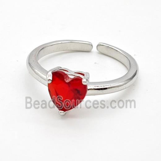 Copper Rings Pave Red Crystal Glass Heart Platinum Plated