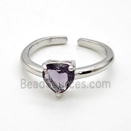 Copper Rings Pave Purple Crystal Glass Heart Platinum Plated