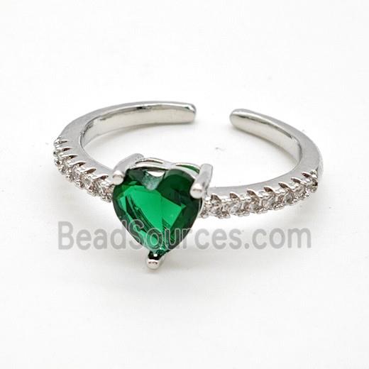 Copper Rings Pave Green Crystal Glass Heart Platinum Plated