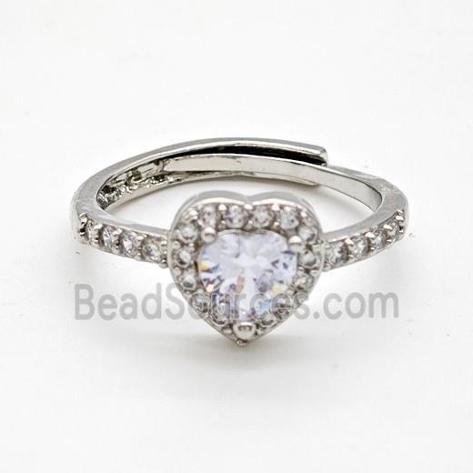 Copper Rings Pave Clear Crystal Glass Heart Adjustable Platinum Plated