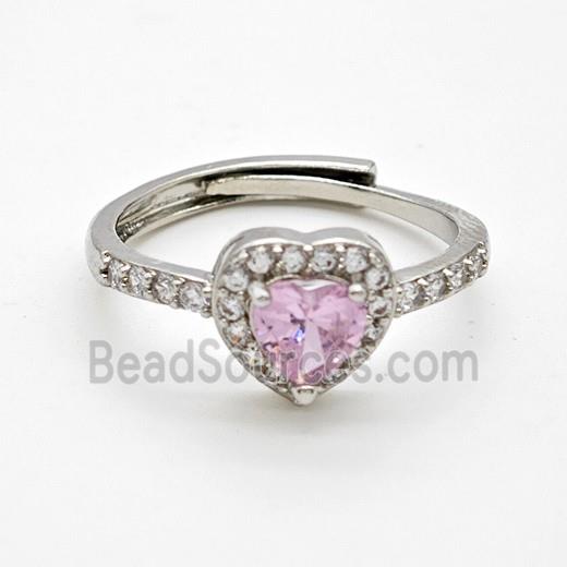 Copper Rings Pave Pink Crystal Glass Heart Adjustable Platinum Plated