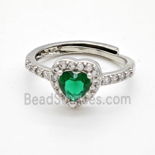 Copper Rings Pave Green Crystal Glass Heart Adjustable Platinum Plated