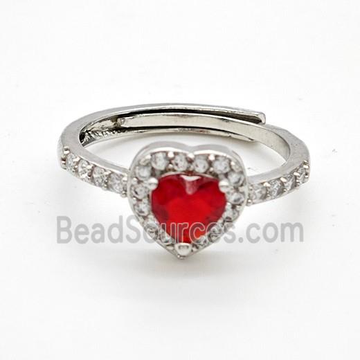 Copper Rings Pave Red Crystal Glass Heart Adjustable Platinum Plated