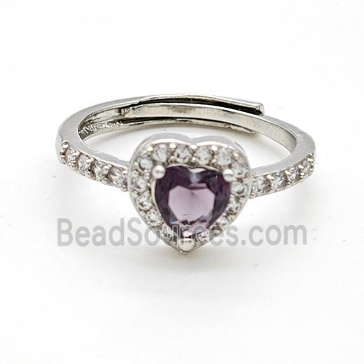 Copper Rings Pave Purple Crystal Glass Heart Adjustable Platinum Plated