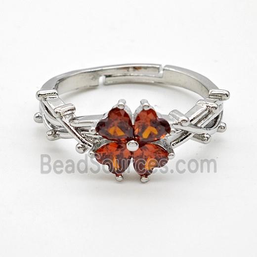 Copper Rings Pave Red Crystal Glass Clover Adjustable Platinum Plated