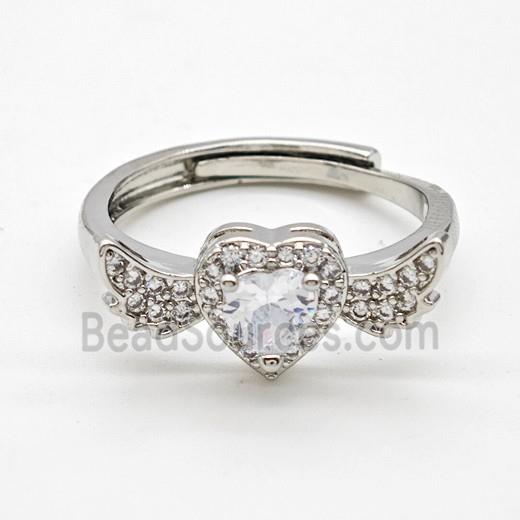 Copper Rings Pave Clear Crystal Glass Heart Angel Wings Adjustable Platinum Plated
