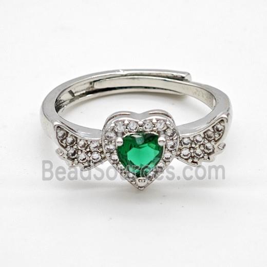 Copper Rings Pave Green Crystal Glass Heart Angel Wings Adjustable Platinum Plated