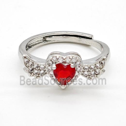 Copper Rings Pave Red Crystal Glass Heart Angel Wings Adjustable Platinum Plated