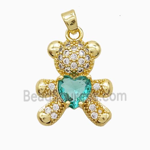 Copper Bear Pendant Pave Zirconia Green Crystal Glass Gold Plated