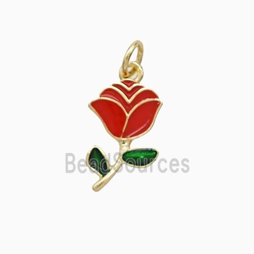 Copper Rose Flower Pendant Red Enamel Gold Plated