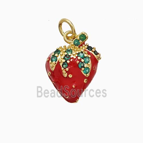 Copper Strawberry Pendant Pave Zirconia Red Enamel Gold Plated