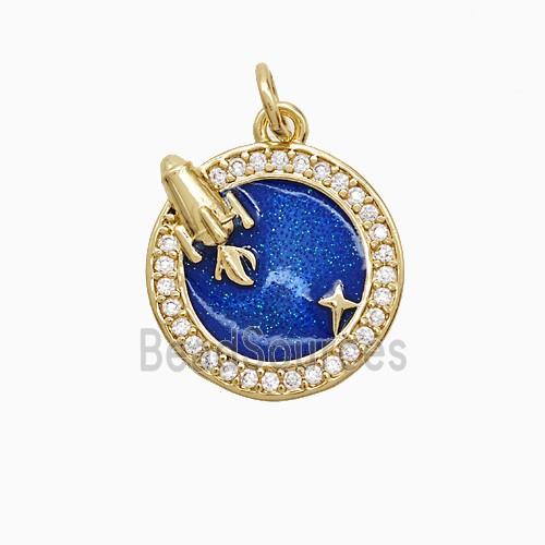 Copper Earth Pendant Pave Zirconia Blue Painted Rocket Gold Plated