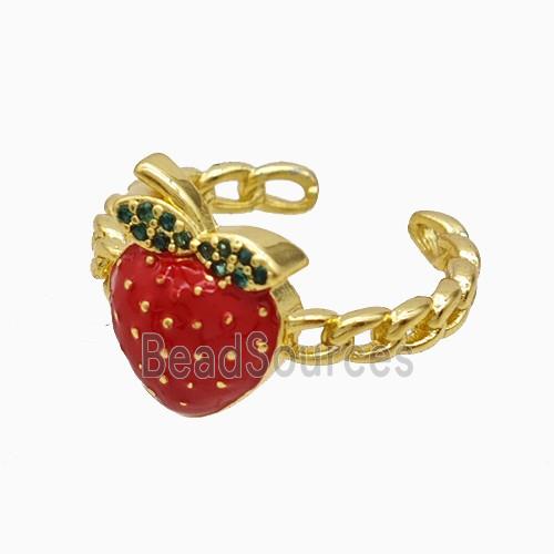 Copper Strawberry Rings Pave Zirconia Red Enamel Gold Plated
