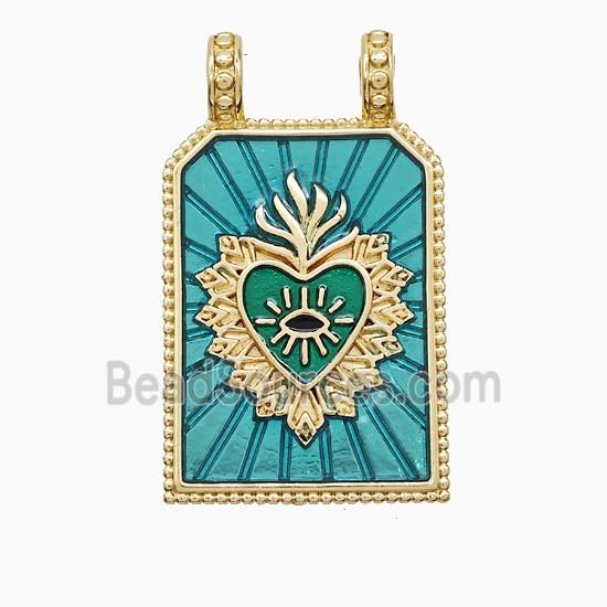 Copper Heart Pendant Green Painted Rectangle 2loops Gold Plated