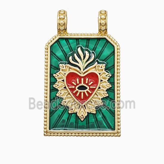 Copper Heart Pendant Green Painted Rectangle 2loops Gold Plated