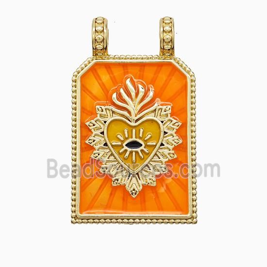 Copper Heart Pendant Ornage Painted Rectangle 2loops Gold Plated