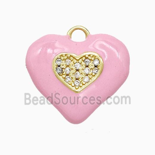 Copper Heart Pendant Pave Zirconia Pink Enamel Gold Plated