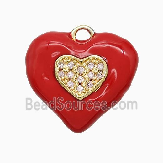 Copper Heart Pendant Pave Zirconia Red Enamel Gold Plated