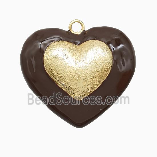Copper Heart Pendant Chocolate Enamel Brushed Gold Plated