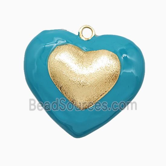 Copper Heart Pendant Teal Enamel Brushed Gold Plated