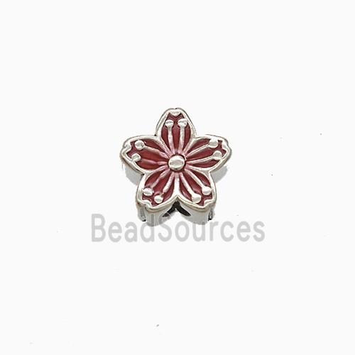 Copper Flower Beads Red Enamel Platinum Plated