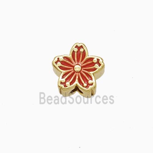 Copper Flower Beads Red Enamel Gold Plated