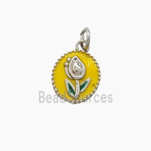 Copper Tulip Pendant Yellow Enamel Flower Platinum Plated