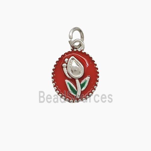 Copper Tulip Pendant Red Enamel Flower Platinum Plated